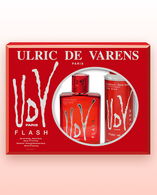Ulric De Varens Flash Eau De Toilette for Men 2pcs Set - Aromatic, Vibrant, and High Spirited - Calming, Marine Aromatic Fern and Notes of Mandarin, Apple, Lavender, and Thyme- Ideal for the Daring and Gallant Man - 3.4 Fl Oz + 6.8 Fl oz Deodorant