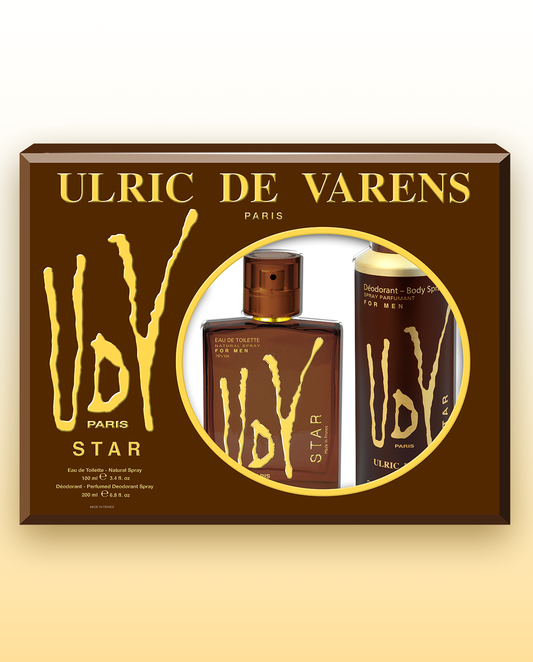 Ulric De Varens Star Eau De Toilette for Men 2pcs Set - Captivating, Enchanting, and Luxurious- Woody and Nutty Notes, Spiceful, Pineapple - For the Self-Confident and Virile Man - 3.4 Fl Oz + 6.8 Fl oz Deodorant