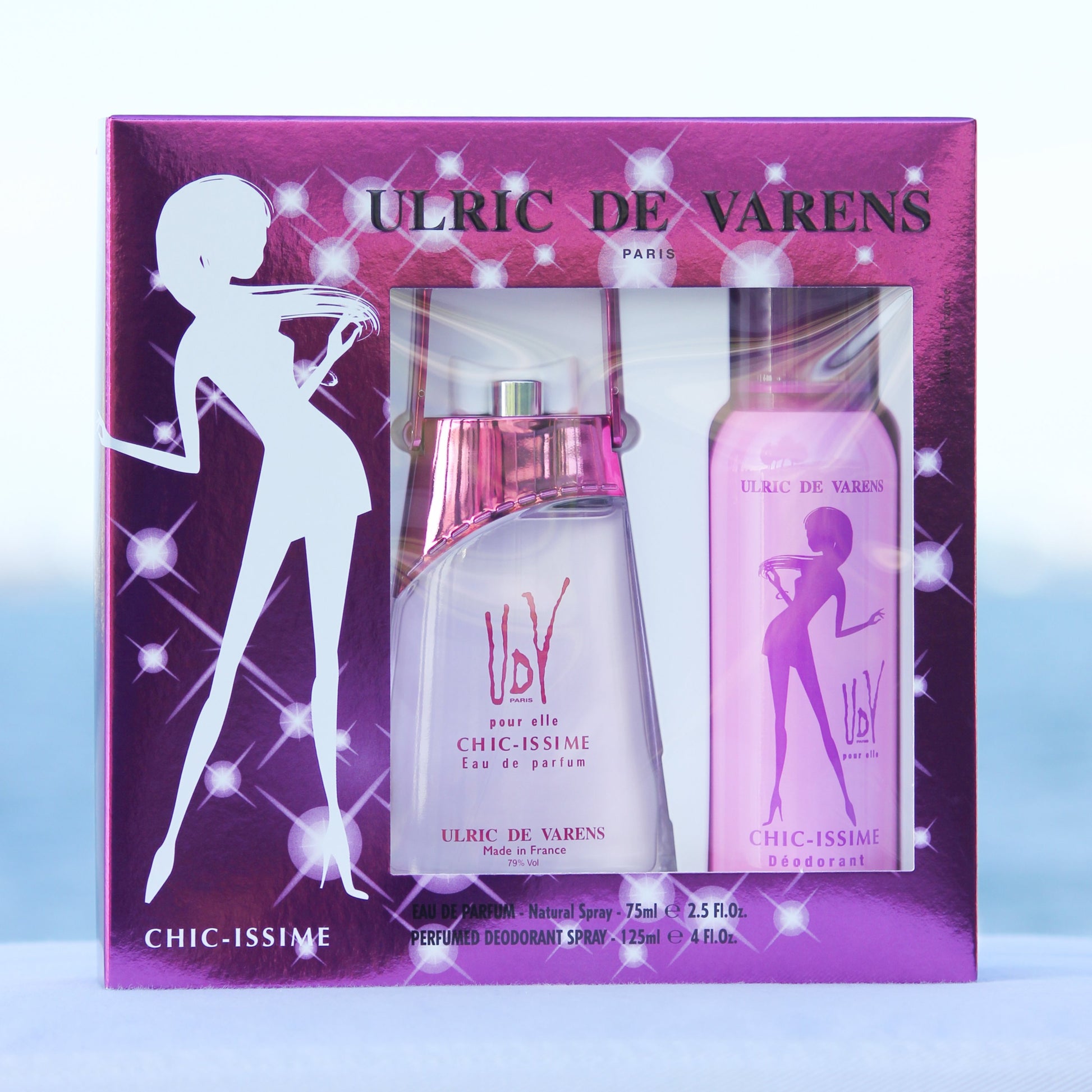 Ulric De Varens Chic-issime Gift Set women's perfume 2.5 EDP and deodorant 4 oz in front of beach