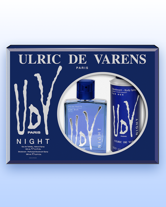 Ulric De Varens Night Eau De Toilette for Men 2pcs Set - Captivating, Enchanting, and Luxurious- Easy to Love, Manly, and Notes of Bergamot, Mandarin, Pineapple, and Cedar- Ideal for the Man Who is Bold and Fearless - 3.4 Fl Oz + 6.8 Fl oz Deodorant