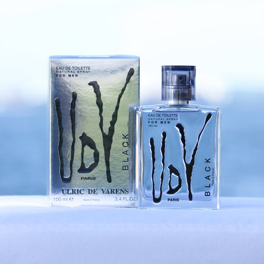 Ulric De Varens UDV Black men's perfume 3.4 EDT in front of beach
