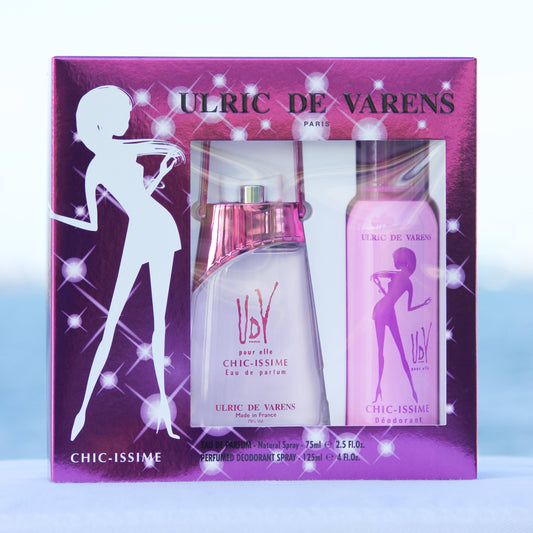 Ulric De Varens Chic-issime Gift Set women's perfume 2.5 EDP and deodorant 4 oz in front of beach