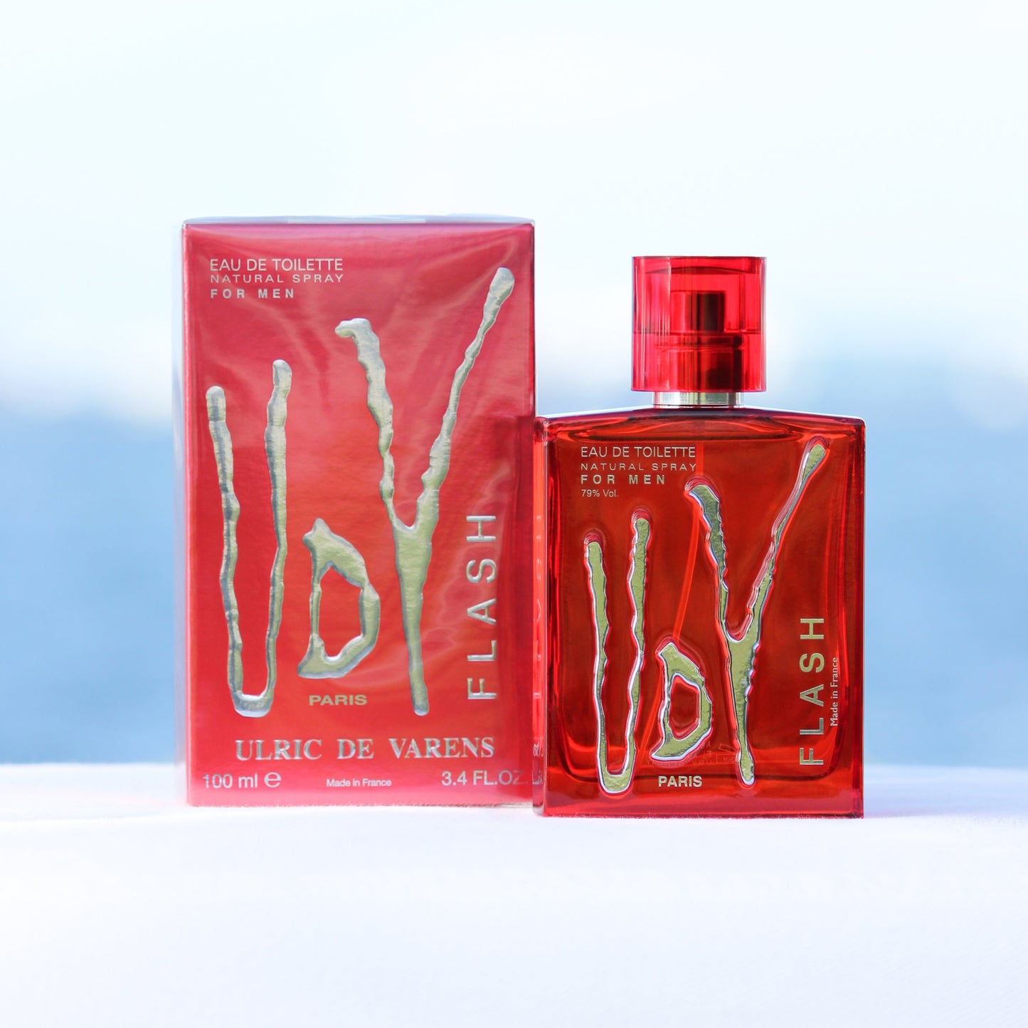 Ulric De Varens UDV Flash men's perfume 3.4 EDT in front of beach