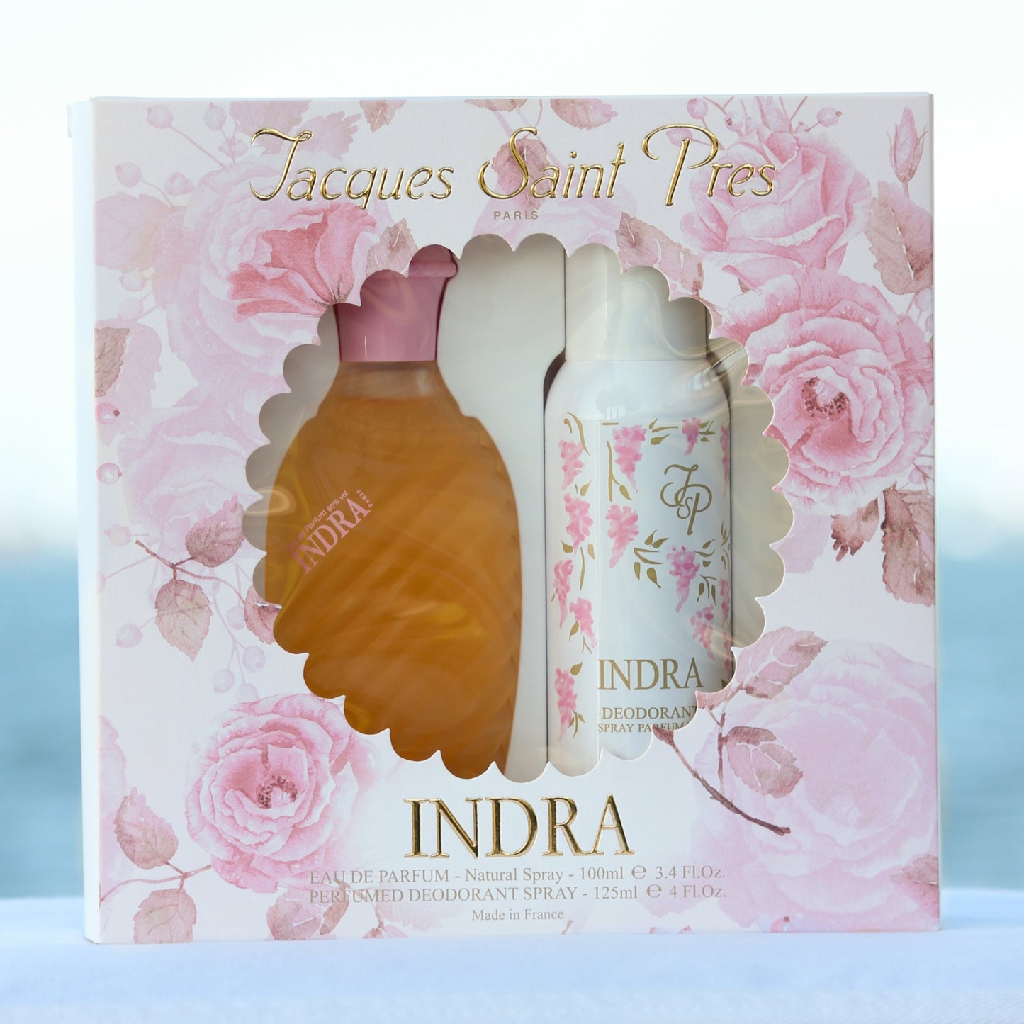 Jacques Saint Pres Indra Gift Set women's perfume 3.4 EDP and deodorant spray 4 oz in front of beach