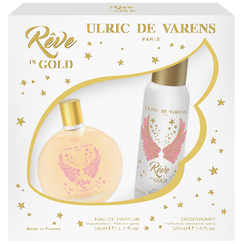 Ulric De Varens Reve in Gold Eau De Parfum for Women 2pcs Set- Bright, Sparkly Scent - Notes of White Woods, Rose Petals, & Water Jasmine- Feminine, Delicate & Stunning - 3.4 Fl Oz + 6.8 Fl oz Deodorant Spray