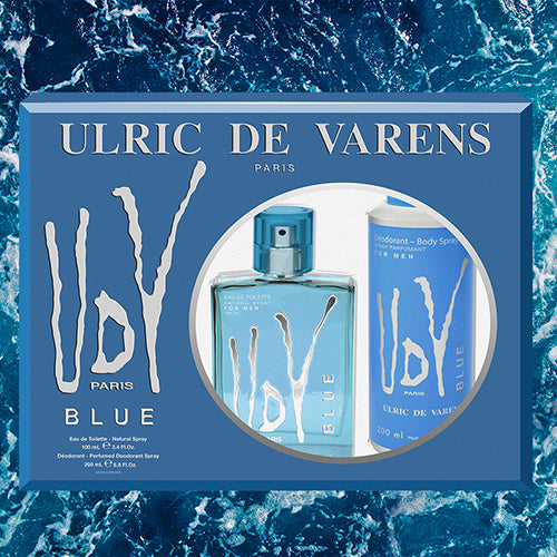 Ulric De Varens Blue Eau De Toilette for Men 2pcs Set Vibrant Refreshing Lively Scent Fruity Citrus Notes of Lemon Lavender Pineapple and